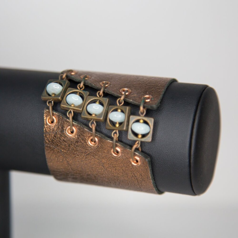 SOLD Bronze Leather Punk Wasteland Steampunk Style Cuff Bracelet Blue Stones